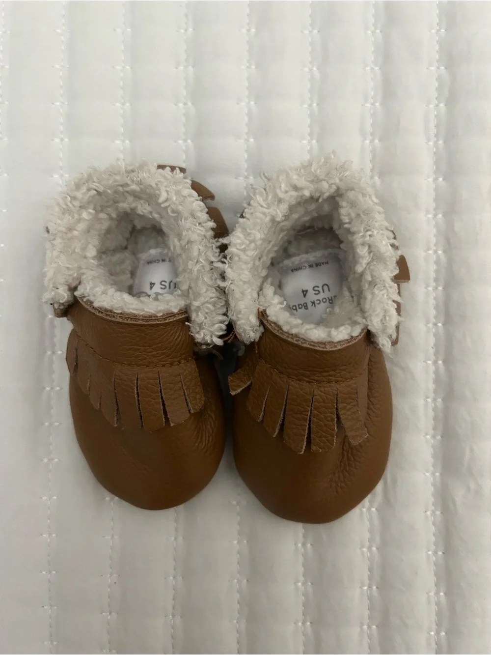BirdRock Baby Brown Fringed Sherpa Lined Leather Moccasins Size 4